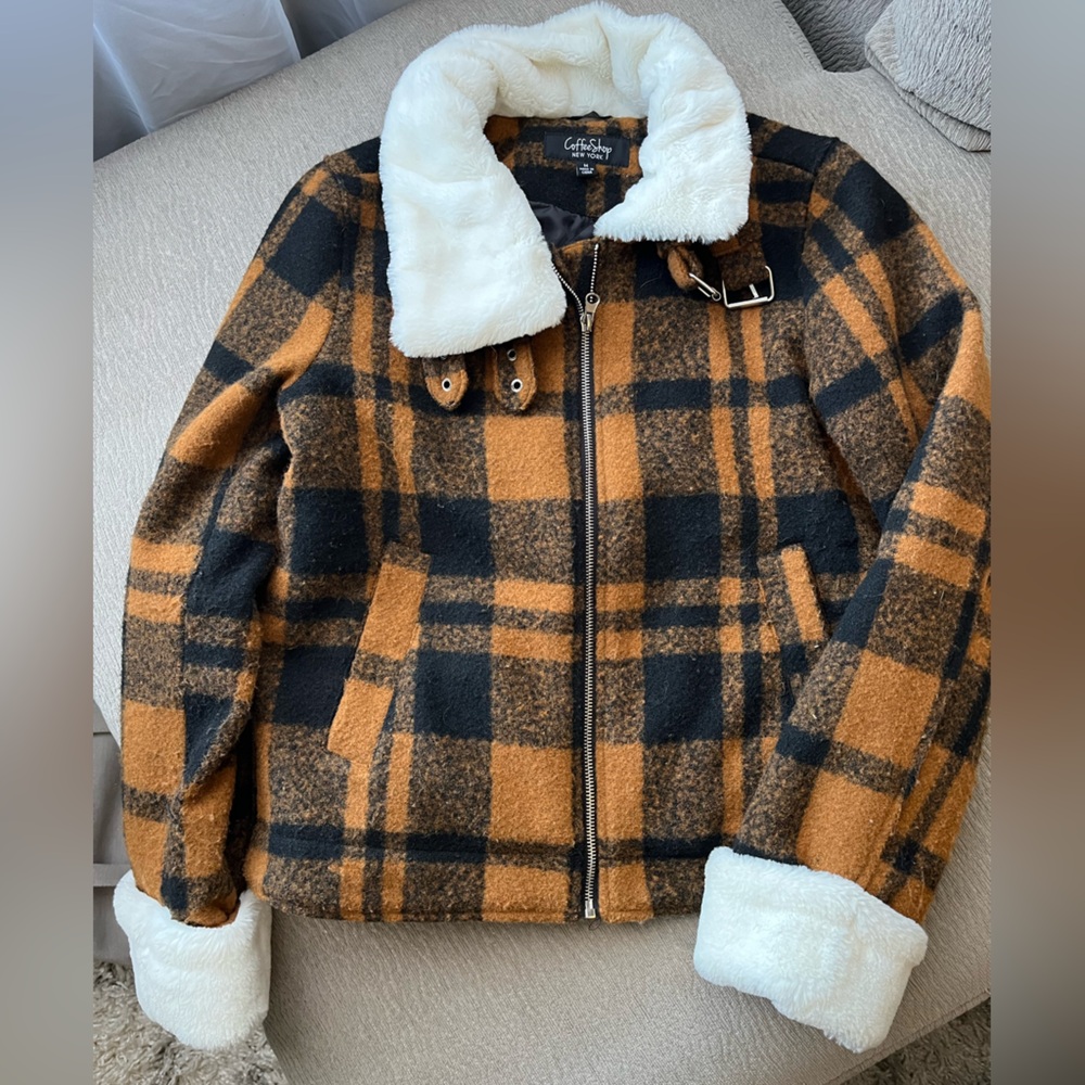 CoffeeShop Black and Brown Plaid Jacket with White Faux Fur